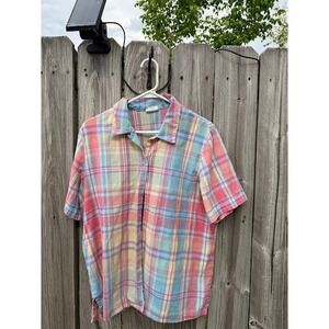 Koret Francisca Vintage Pastel Plaid Short Sleeve Button Down Shirt Pink Blue L